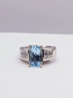 SZ 5 950 Platinum ~3CT Emerald Cut Aquamarine w/ ~.50TCW Diamond Accent Ring 