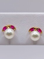  18KT YG 5.5MM PEARL AND RUBY MARQUISE EARRINGS 