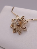  14KT YELLOW GOLD ~.21 CARAT OLD CUT DIAMOND ACCENT SNOWFLAKE MOTIF 1" PENDANT
