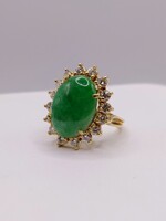  SIZE 6.5 18KT YELLOW GOLD ~5 CARAT JADE CABOCHON WITH DIAMOND HALO RING