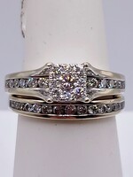  SZ 6 14KT White Gold ~1TCW Diamond Cluster Square Top Cathedral Ring W/ Band