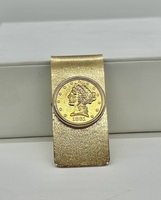14kt Yellow Gold $5 Gold Liberty Coin Bezel Set on Etched Finish Money Clip