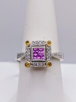 SZ 7 14kt 2 tone Gold ~.20tcw Square Cut Pink Sapphire Center w/ ~.60tcw diamond
