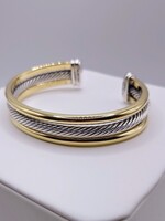  18KT YELLOW GOLD & 925 SILVER 3-BAND WITH ROPE STYLE ACCENT CUFF BRACELET