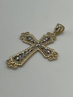  1.5" 14k Two Tone Gold Wheat Pattern Milgrain Cross Pendant