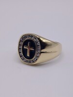  SIZE 11 14KT YELLOW GOLD CROSS ON BLACK ENAMEL WITH DIAMOND HALO RING