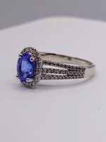  SIZE 8 14KT WHITE GOLD ~1 CARAT OVAL TANZANITE WITH DIAMOND HALO & ACCENTS RING