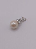  14KT WHITE GOLD WHITE PEARL WITH ~.15 TOTAL CARAT WT. DIAMOND ACCENT PENDANT