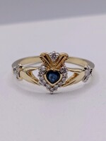  SIZE 8 14KT YELLOW GOLD ~.18 TOTAL GEM WT. SAPPHIRE & DIAMOND CLADDAGH RING