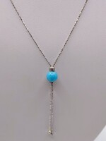  18KT WHITE GOLD TURQUOISE BEAD ON 17" BEAD LINK CHAIN NECKLACE