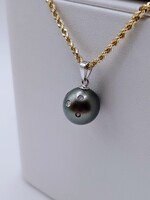  14KT WHITE GOLD BLACK PEARL WITH ~.06 TOTAL CARAT WT. DIAMOND ACCENT PENDANT