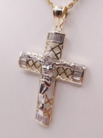  14KT TWO TONE GOLD 2 1/4" LATTICE FILIGREE RELIGIOUS CROSS PENDANT