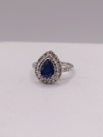  SIZE 7 14KT WHITE GOLD ~1 CARAT PEAR SHAPE BLUE SAPPHIRE WITH DIAMONDS RING