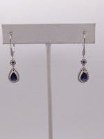  14KT WHITE GOLD ~1.2 TOTAL CARAT WT. BLUE SAPPHIRE W/ DIAMONDS DANGLE EARRINGS