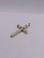  14KT YELLOW GOLD JADE COLUMN CROSS PENDANT