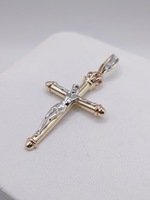  14KT TRI COLOR GOLD RELIGIOUS CROSS 2" PENDANT WITH CZ ACCENTS