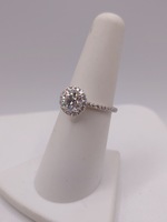  SZ 6 18KT WHITE GOLD ~.98 CARAT DIAMOND CENTER WITH HALO AND SIDES ACCENT RING