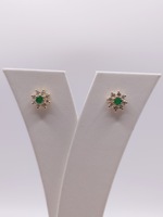  14KT YELLOW GOLD ~.50 TOTAL GEM WT. ROUND EMERALD AND DIAMOND STUD EARRINGS