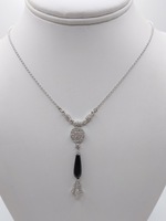 14KT WHITE GOLD 2.5" ONYX AND DIAMOND PENDANT ON 18" ROLO CHAIN NECKLACE
