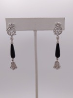  14KT WHITE GOLD ONYX TEARDROP W/ DIAMOND SHIELD AND TASSEL 2" DANGLE EARRINGS