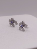  14KT WHITE GOLD ~.06 TOTAL CARAT WT. TANZANITE ACCENT PLUMERIA MOTIF EARRINGS