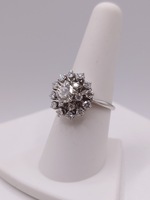  SIZE 7.5 14KT WHITE GOLD ~1.50 TOT. CARAT WT. DIAMOND CENTER & DOUBLE HALO RING