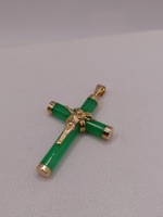  14KT YELLOW GOLD JADE 1.25" RELIGIOUS CROSS PENDANT