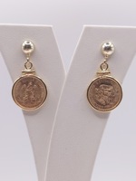  14KT YELLOW GOLD 1945 DOS PESOS COIN BEZEL SET 1" DANGLE EARRINGS