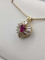  14KT YELLOW GOLD ~1.30 TOTAL GEM WEIGHT RUBY & DIAMOND HEART 3/4" PENDANT