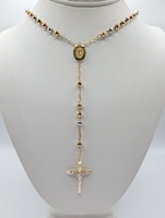  14KT TRI COLOR GOLD 24" RELIGIOUS CROSS ROSARY NECKLACE