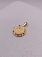  14KT YELLOW GOLD 1945 DOS PESOS COIN IN BRAIDED BEZEL 7/8" PENDANT