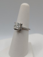  SZ 6 14kt White Gold GIA 1.50ct Square Cut Diamond w/ Halo & Band Accent Ring