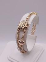  14KT TRI COLOR GOLD PUFF HEART AND SUN CHARMS ON 7 1/2" ROLO LINK BRACELET