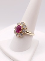  SIZE 9 14KT YELLOW GOLD ~1 CARAT RUBY CENTER WITH DIAMOND CLUSTER HALO RING