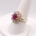  SIZE 9 14KT YELLOW GOLD ~1 CARAT RUBY CENTER WITH DIAMOND CLUSTER HALO RING