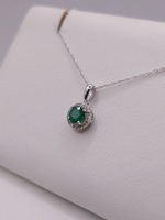  14KT WHITE GOLD ~.30 CARAT ROUND EMERALD WITH DIAMOND HALO 3/8" PENDANT