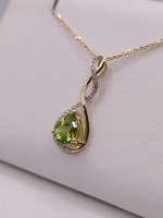  14KT YELLOW GOLD ~1.2 CARAT PEAR SHAPE PERIDOT WITH DIAMONDS 1" PENDANT