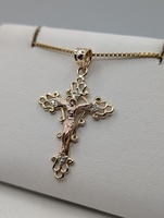  14KT TWO TONE GOLD 1 1/2" RELIGIOUS CROSS PENDANT WITH CZ ACCENT