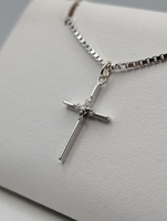  14KT WHITE GOLD ~.01 CARAT ROUND DIAMOND 1" CROSS PENDANT
