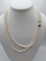  14KT WHITE GOLD MIKIMOTO 5.3mm WHITE PEARL 20" DOUBLE STRAND NECKLACE