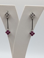  14KT WHITE GOLD ~.40 TOTAL GEM WT. RUBY AND DIAMOND 1" BAR DANGLE EARRINGS