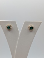  14KT YELLOW GOLD ~.70 TOTAL GEM WT. EMERALD & DIAMOND HALO 1/4" STUD EARRINGS