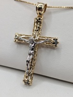  14KT 2-TONE GOLD ~.60 TOT. CARAT WT. SAPPHIRE ACCENT 2" RELIGIOUS CROSS PENDANT
