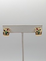  18KT YELLOW GOLD ~.60 TOTAL GEM WT. FLOWER MOTIF 9.0mm J HOOP HUGGIE EARRINGS