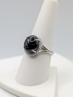  SIZE 8 18KT WHITE GOLD ~5 CARAT OBSIDIAN CABOCHON WITH DIAMOND HALO RING