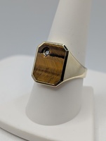  SIZE 9.5 10KT YELLOW GOLD ~.05 DIAMOND ACCENT TIGERS EYE SIGNET STYLE RING