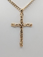  18KT YELLOW GOLD BARK FINISH 2" CROSS PENDANT