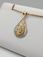  14 KT TRI COLOR GOLD 1 1/8" PEAR SHAPED RELIGIOUS MEDAL PENDANT